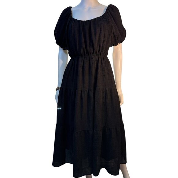 ASTR The Label Tiered Smocked Puff Sleeves Midi Dress Black Size Small EUC - Picture 1 of 6